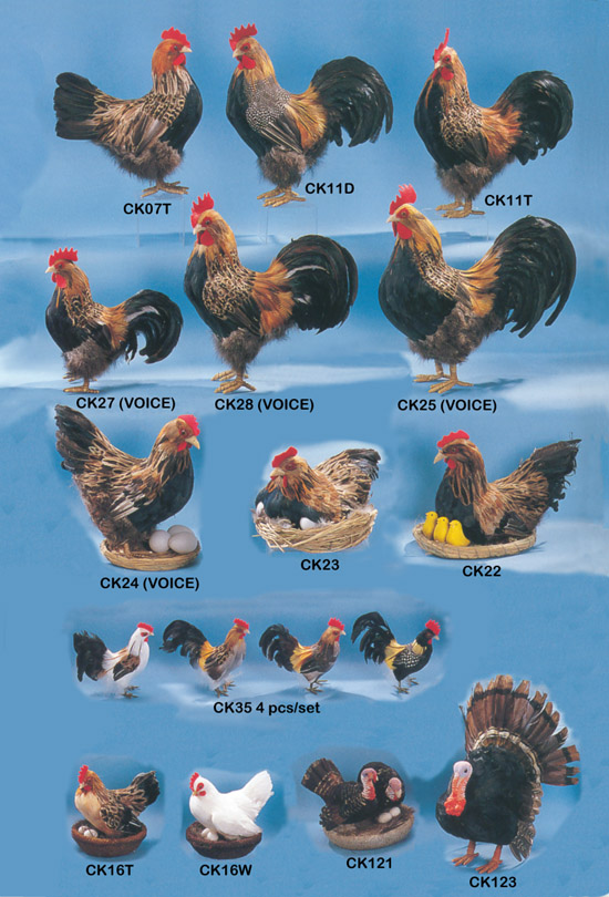 Realistic Chicken Figurines made with real feathers to appear lifelike!